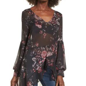 Leith Sheer High/Low Long-sleeve Ruffle Top Black